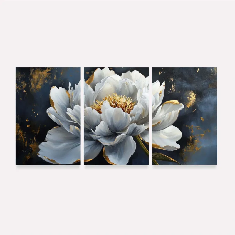 Quadro Floral Luxuoso Peônia Branca com Detalhes Dourados