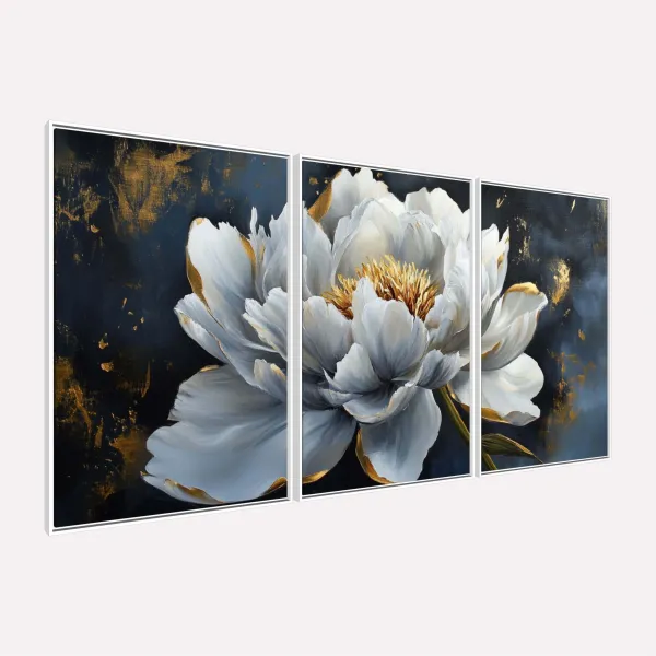 Quadro Floral Luxuoso Peônia Branca com Detalhes Dourados
