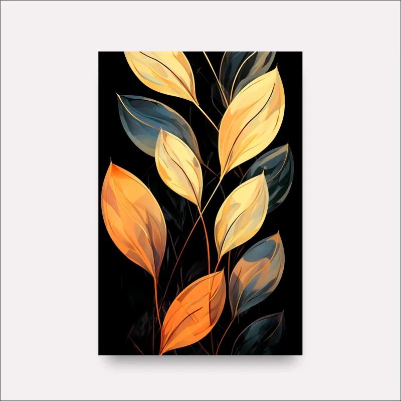 Quadro Ramo de Folhas Moderna Preto com Dourado