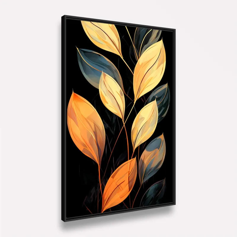 Quadro Ramo de Folhas Moderna Preto com Dourado