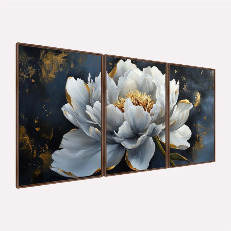 Quadro Floral Luxuoso Peônia Branca com Detalhes Dourados