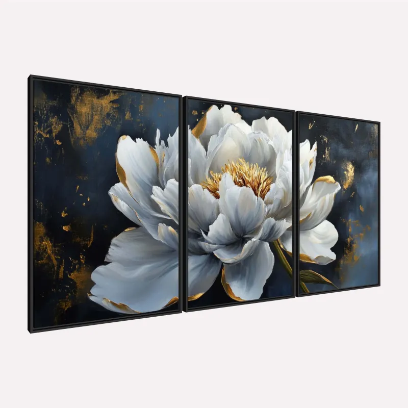 Quadro Floral Luxuoso Peônia Branca com Detalhes Dourados