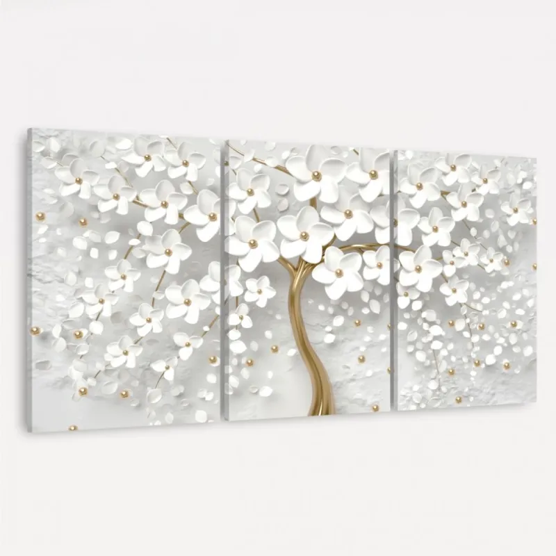 Quadro Flores de Cerejeiras Brancas e Douradas decorativo