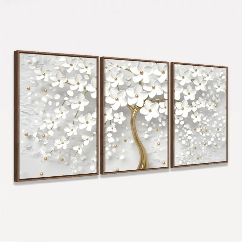 Quadro Flores de Cerejeiras Brancas e Douradas decorativo