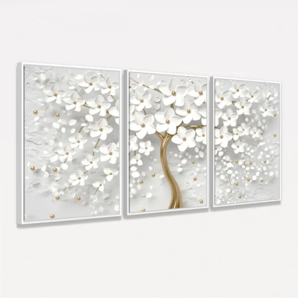 Quadro Flores de Cerejeiras Brancas e Douradas decorativo