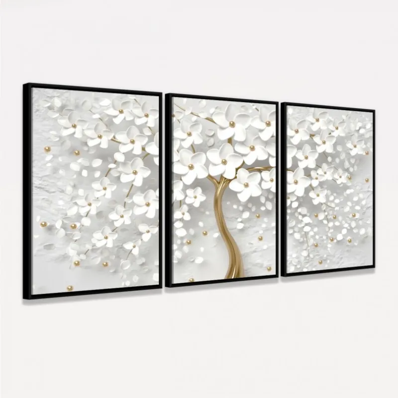 Quadro Flores de Cerejeiras Brancas e Douradas decorativo